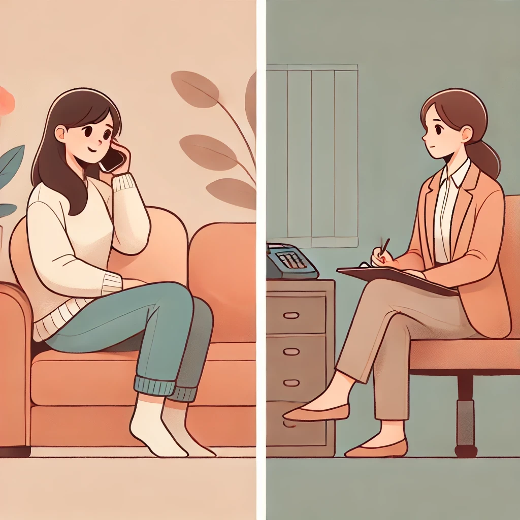 電話でリラックスしながら復縁相談する女性ょ