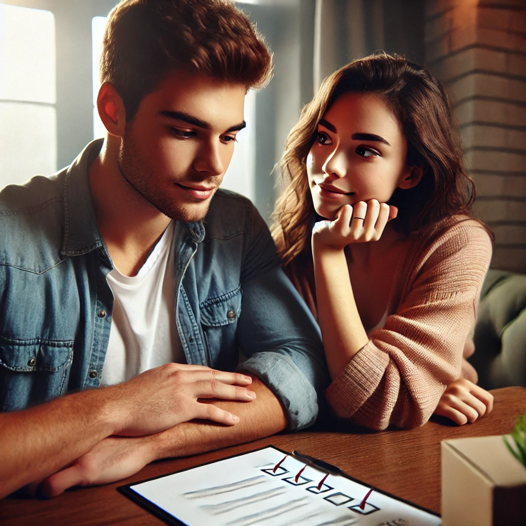 カップルが結婚についてのチェックリストを確認している画像