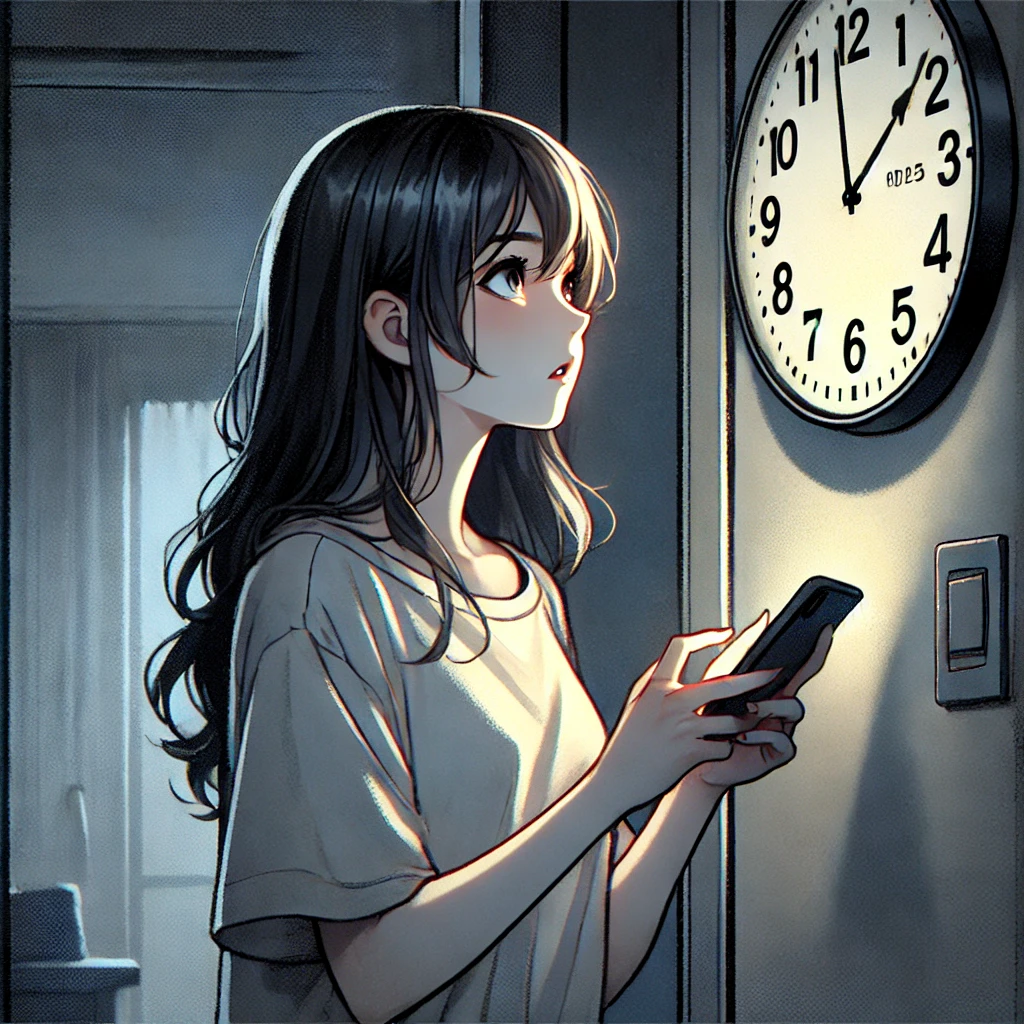 彼氏から連絡がなくて時計を見ながら心配する女性
