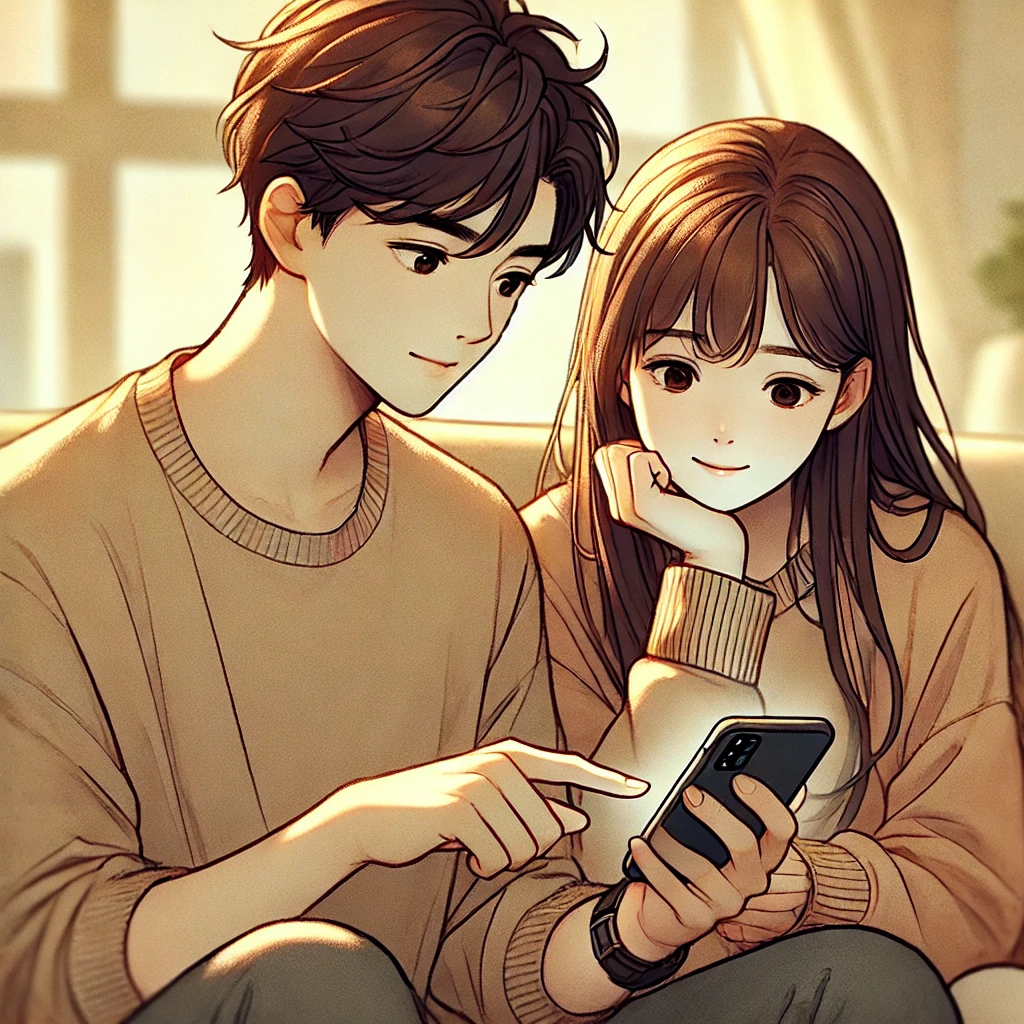 彼氏と連絡手段を一緒に確認する女性