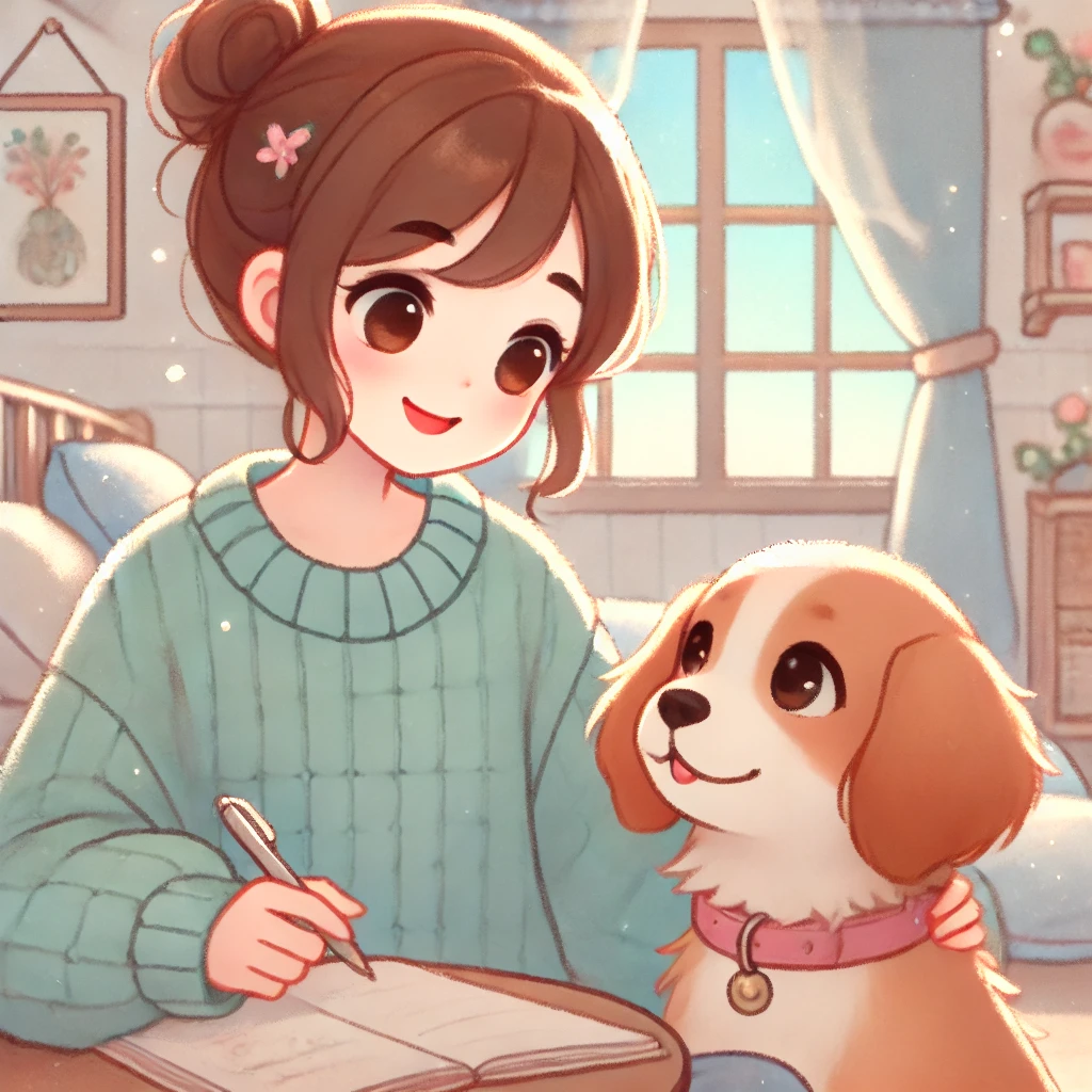 電話占いでペットの気持ちを相談するために愛犬についてメモする女性