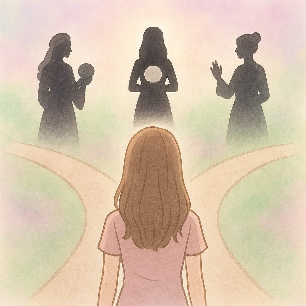 本物のツインレイ鑑定士を選ぶ岐路に立たされている女性